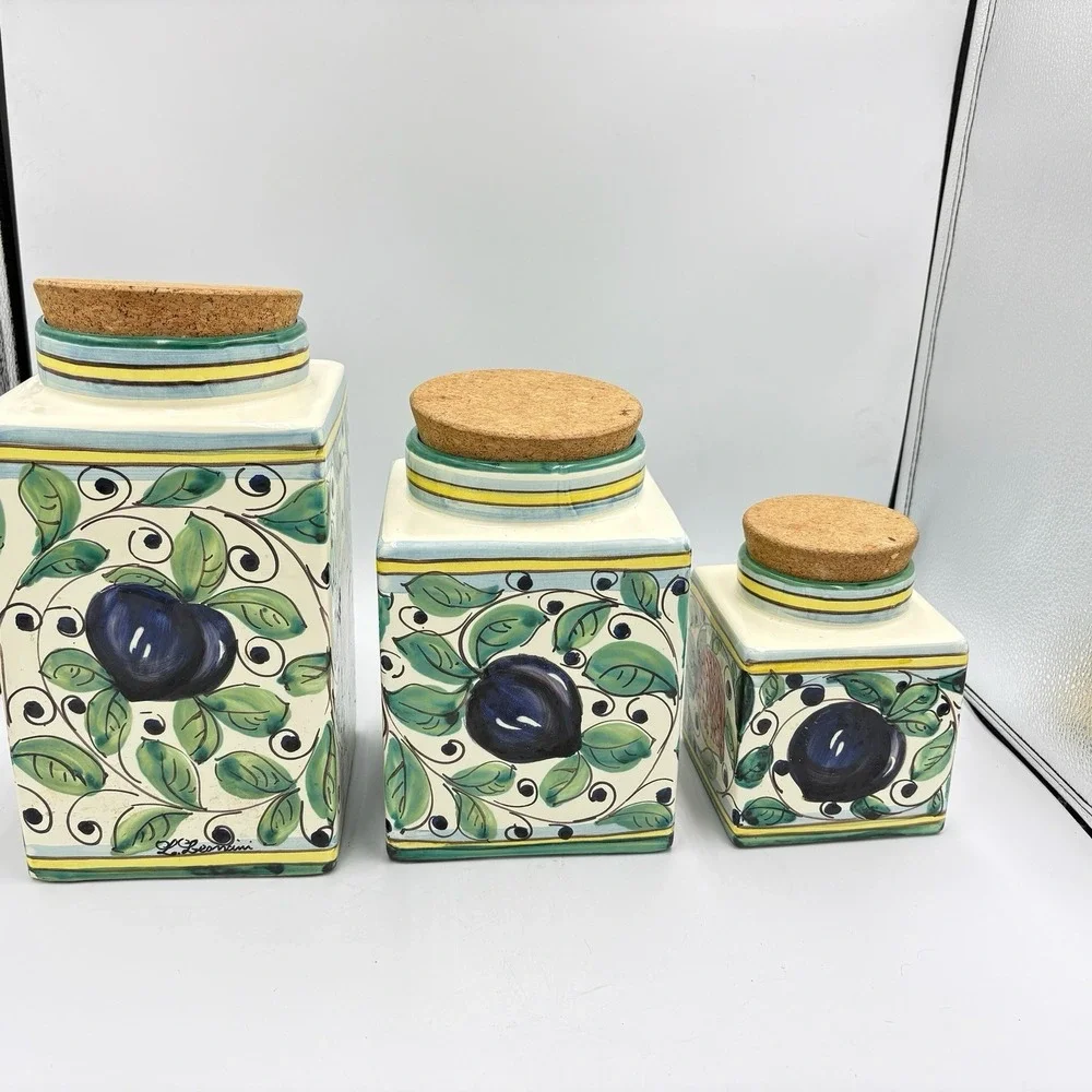 Leoncini‎ Italy Hand Painted Ceramic Canister Set San Gimignano Fruit Cork Lid